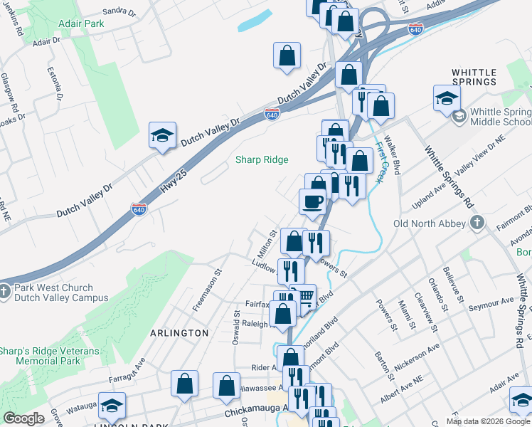 map of restaurants, bars, coffee shops, grocery stores, and more near 1212 Karnes Avenue in Knoxville