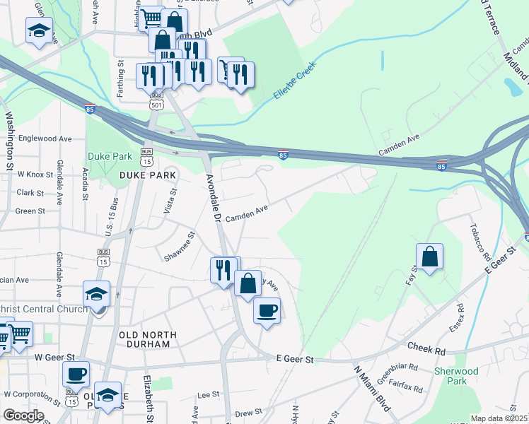 map of restaurants, bars, coffee shops, grocery stores, and more near 910 Camden Avenue in Durham