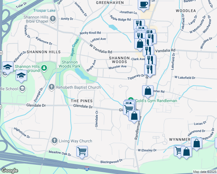 map of restaurants, bars, coffee shops, grocery stores, and more near 7 Queenanne Court in Greensboro