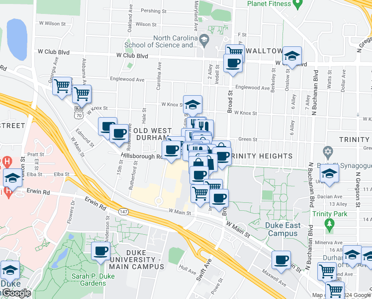 map of restaurants, bars, coffee shops, grocery stores, and more near 813 9th Street in Durham