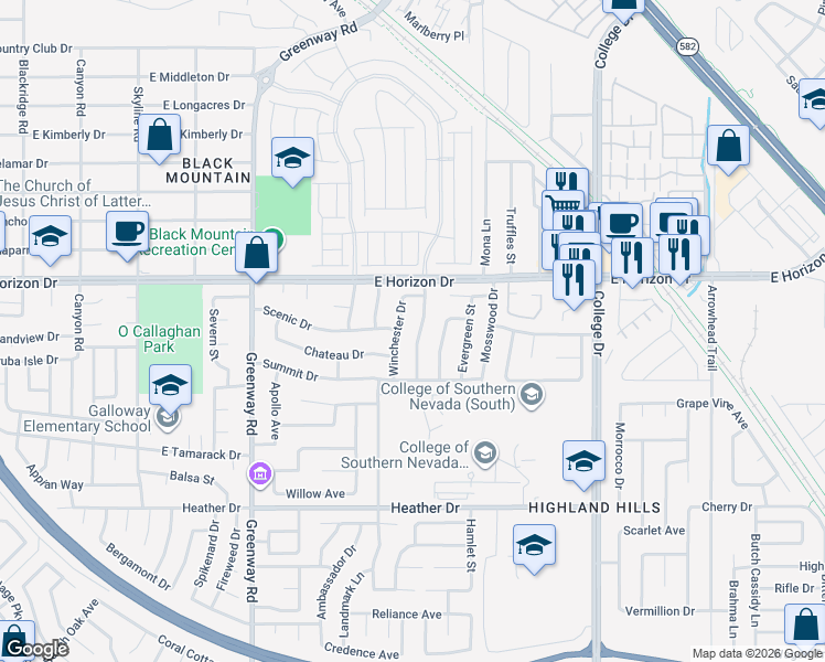map of restaurants, bars, coffee shops, grocery stores, and more near 615 Hidden Valley Drive in Henderson