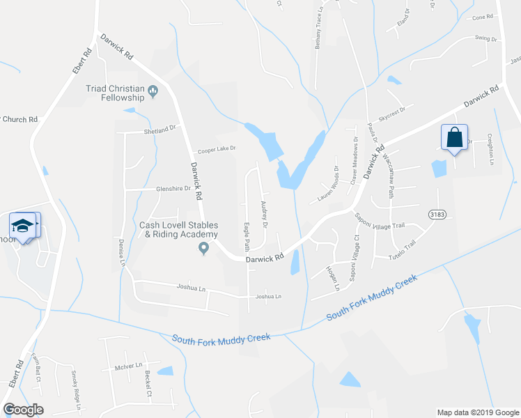 map of restaurants, bars, coffee shops, grocery stores, and more near 4728 Audrey Drive in Winston-Salem