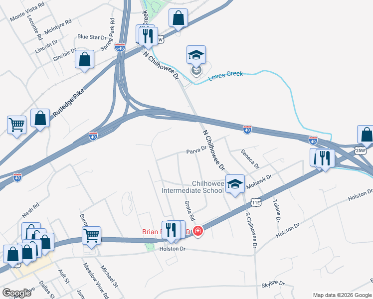 map of restaurants, bars, coffee shops, grocery stores, and more near 4907 Parva Drive in Knoxville