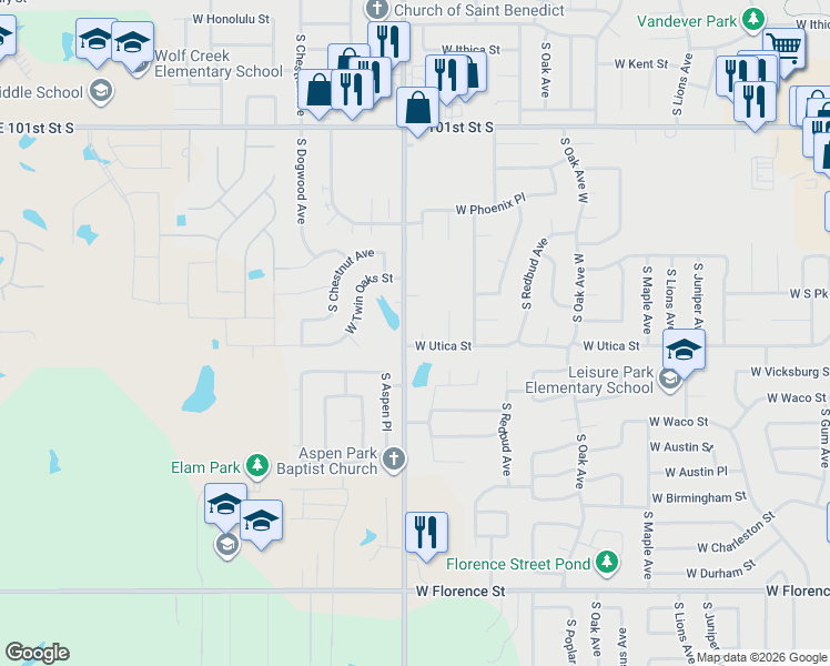 map of restaurants, bars, coffee shops, grocery stores, and more near 4200 South Aspen Avenue in Broken Arrow