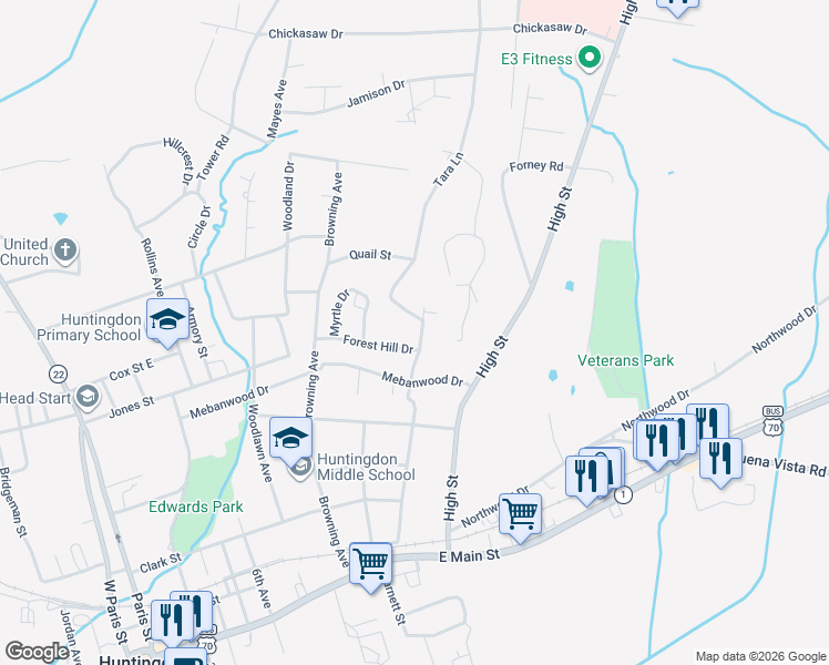 map of restaurants, bars, coffee shops, grocery stores, and more near 401 Forest Hill Drive in Huntingdon