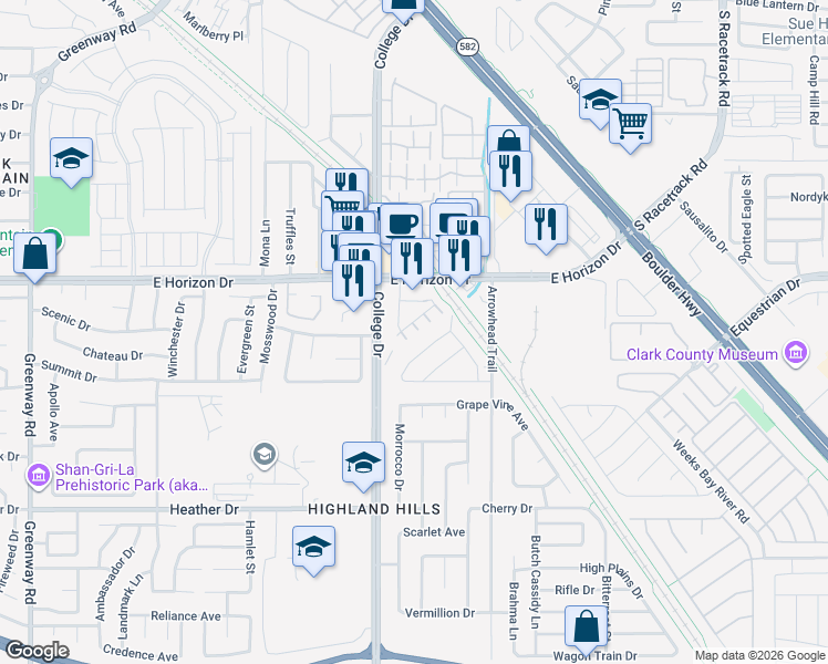 map of restaurants, bars, coffee shops, grocery stores, and more near 718 Breezy Ridge Drive in Henderson