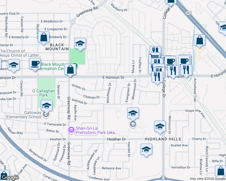 map of restaurants, bars, coffee shops, grocery stores, and more near 615 Hidden Valley Drive in Henderson