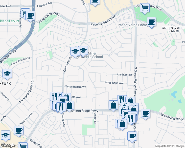 map of restaurants, bars, coffee shops, grocery stores, and more near 494 Annet Street in Henderson