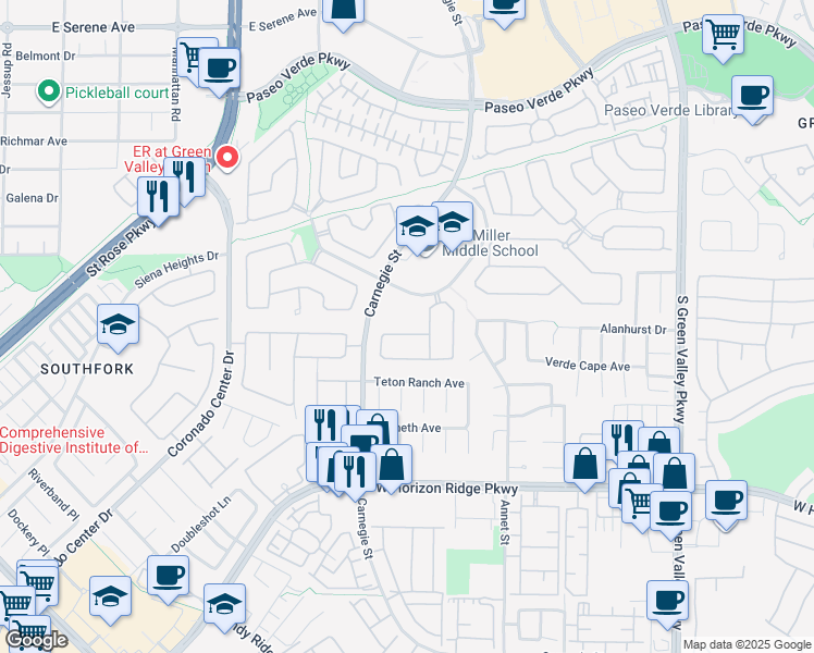 map of restaurants, bars, coffee shops, grocery stores, and more near 433 Beardsley Circle in Henderson