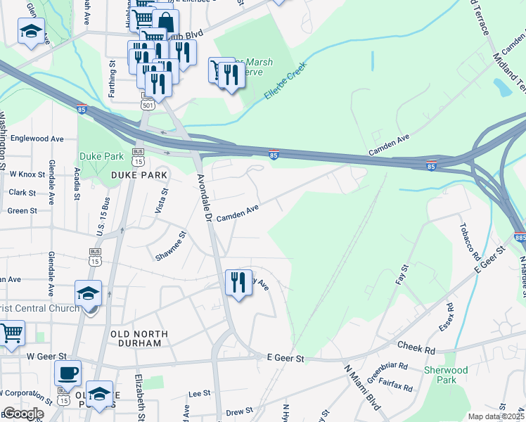 map of restaurants, bars, coffee shops, grocery stores, and more near 910 Camden Avenue in Durham