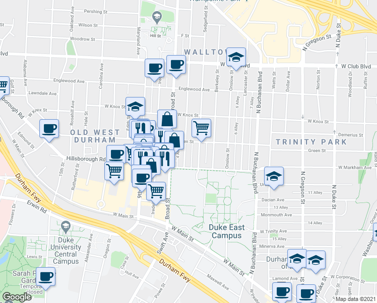 map of restaurants, bars, coffee shops, grocery stores, and more near 808 Clarendon Street in Durham