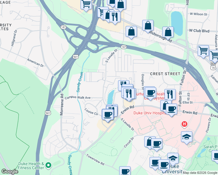map of restaurants, bars, coffee shops, grocery stores, and more near 3301 McQueen Drive in Durham
