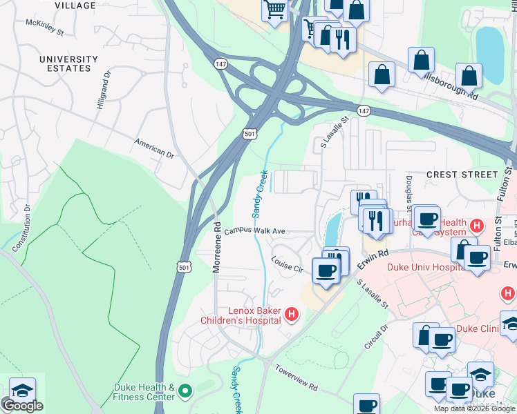 map of restaurants, bars, coffee shops, grocery stores, and more near 2742 Campus Walk Avenue in Durham
