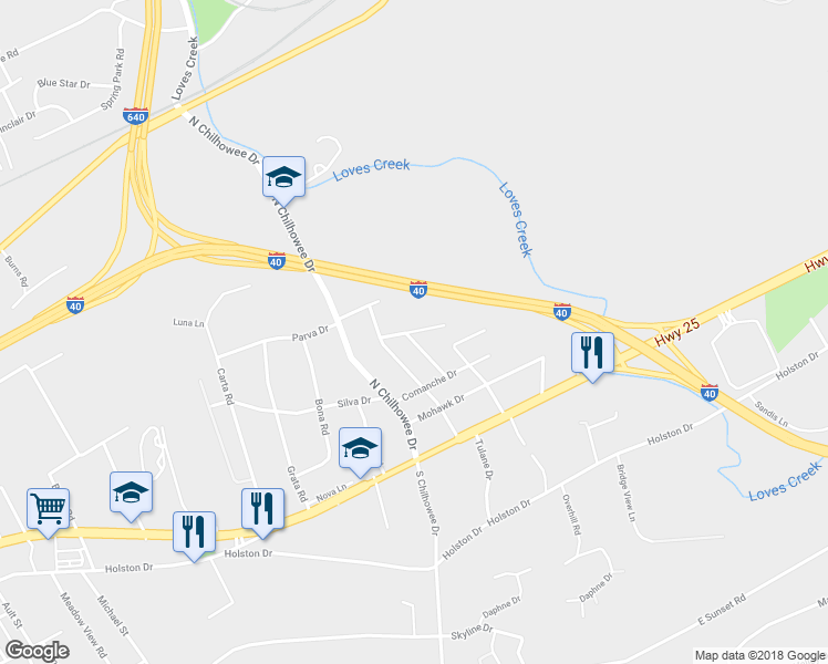 map of restaurants, bars, coffee shops, grocery stores, and more near 410 Seneca Drive in Knoxville
