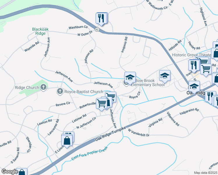 map of restaurants, bars, coffee shops, grocery stores, and more near 215 Jefferson Avenue in Oak Ridge