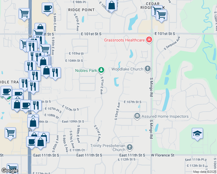 map of restaurants, bars, coffee shops, grocery stores, and more near 10535 South 92nd Circle East in Tulsa
