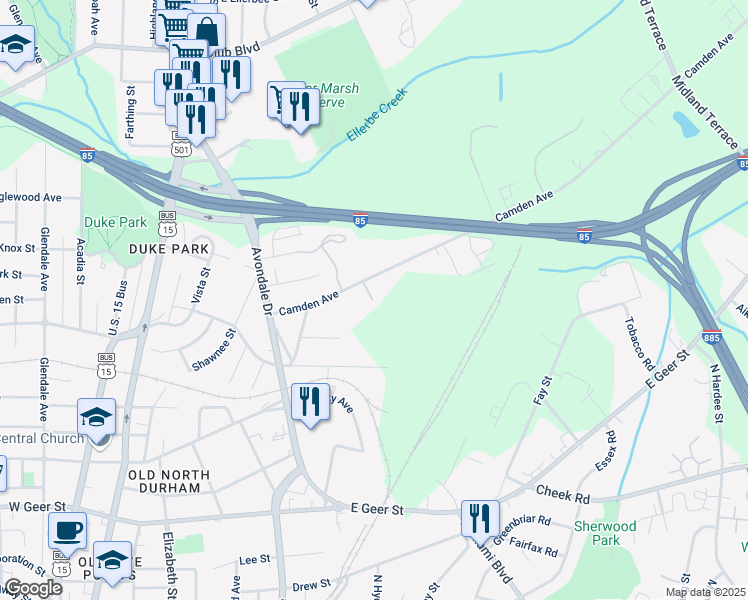 map of restaurants, bars, coffee shops, grocery stores, and more near 1012 Camden Avenue in Durham