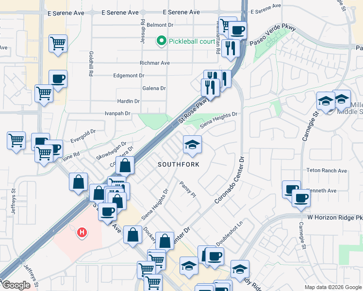map of restaurants, bars, coffee shops, grocery stores, and more near 2655 Siena Heights Drive in Henderson