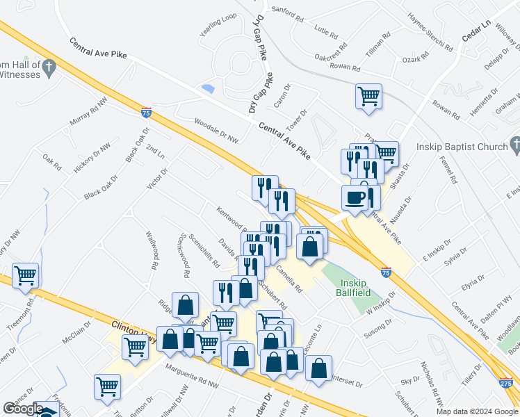 map of restaurants, bars, coffee shops, grocery stores, and more near 5629 Merchants Center Boulevard in Knoxville