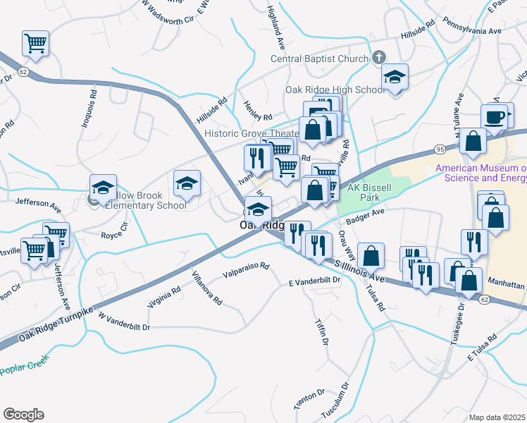 map of restaurants, bars, coffee shops, grocery stores, and more near 110 North Illinois Avenue in Oak Ridge