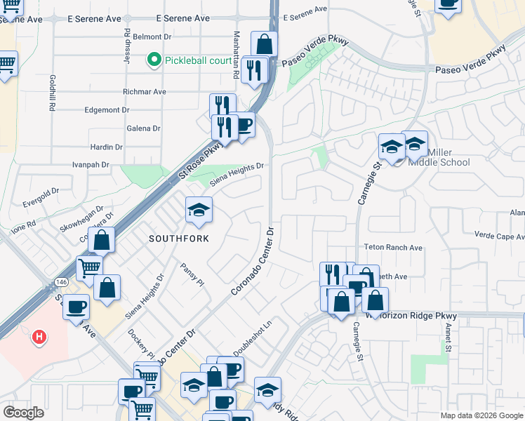 map of restaurants, bars, coffee shops, grocery stores, and more near 2633 Hourglass Drive in Henderson