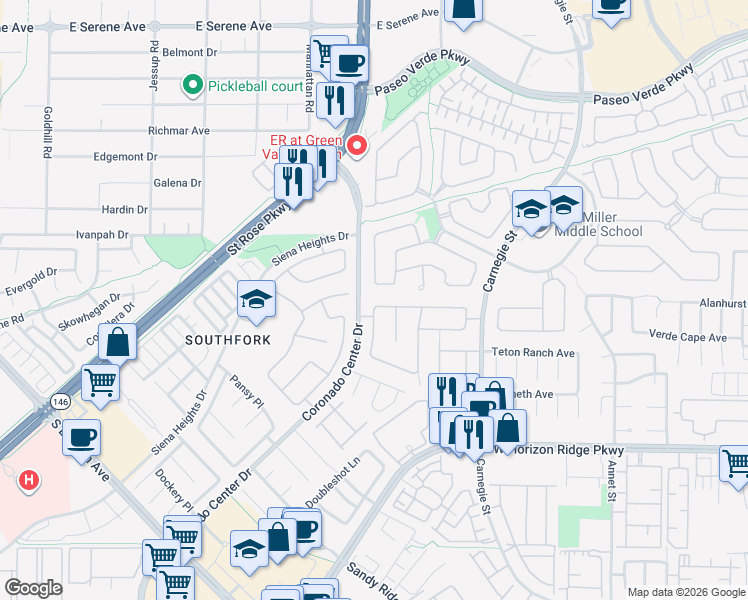 map of restaurants, bars, coffee shops, grocery stores, and more near 2566 Antique Blossom Avenue in Henderson