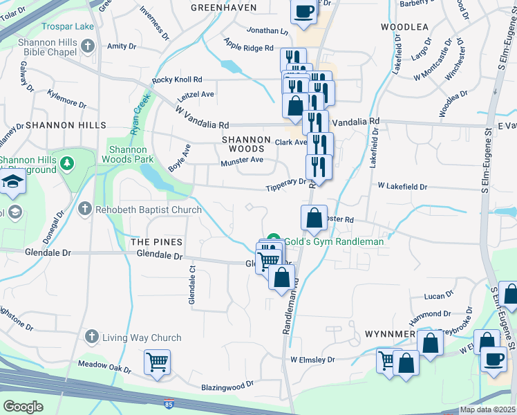 map of restaurants, bars, coffee shops, grocery stores, and more near 101 Meadowville Lane in Greensboro