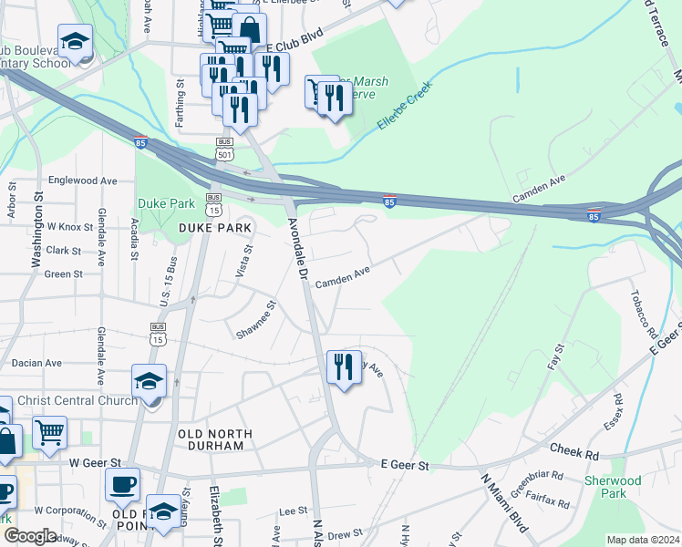 map of restaurants, bars, coffee shops, grocery stores, and more near in Durham