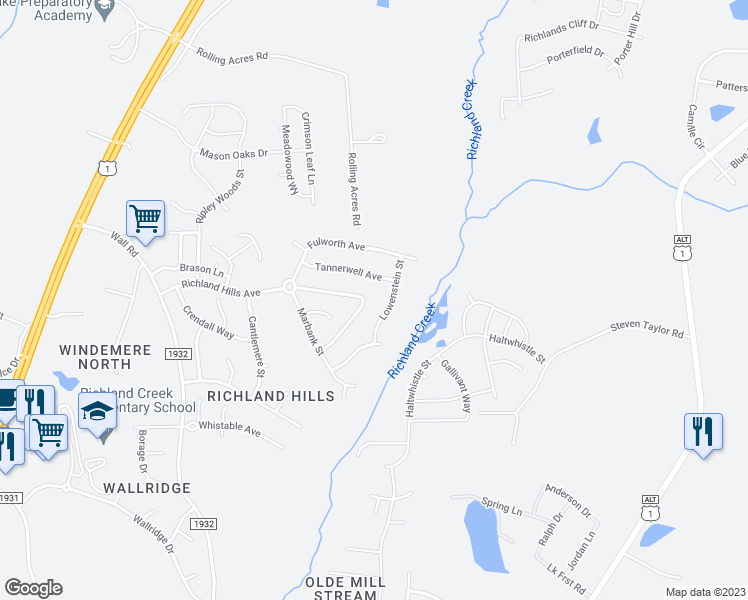 map of restaurants, bars, coffee shops, grocery stores, and more near 756 Stackhurst Way in Wake Forest