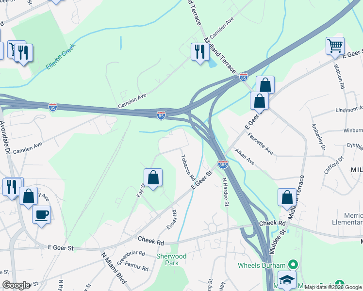 map of restaurants, bars, coffee shops, grocery stores, and more near 2204 Tobacco Road in Durham