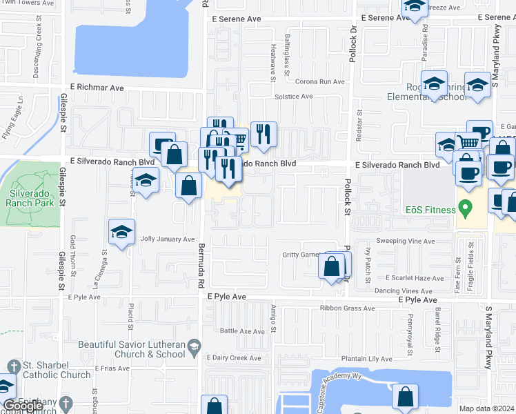 map of restaurants, bars, coffee shops, grocery stores, and more near 555 East Silverado Ranch Boulevard in Las Vegas
