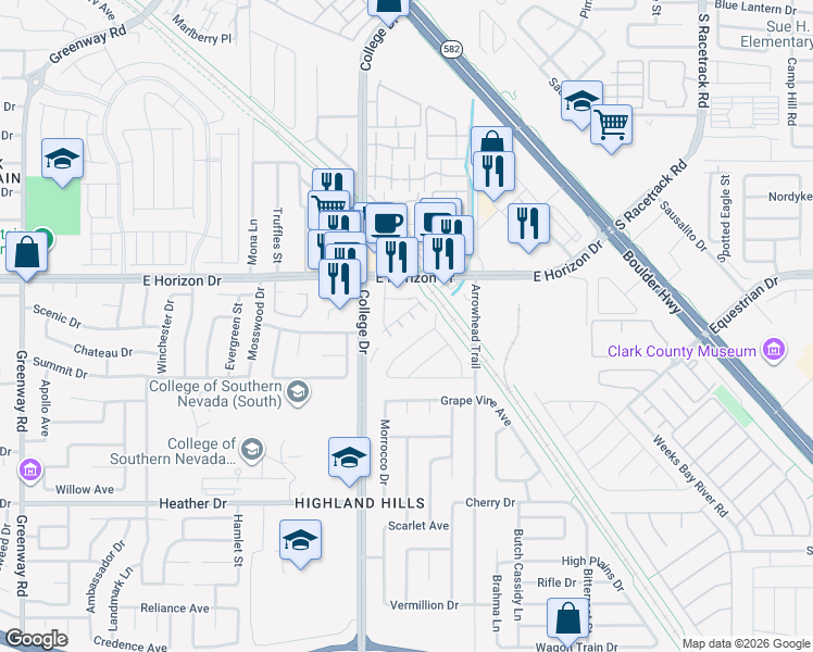 map of restaurants, bars, coffee shops, grocery stores, and more near 492 Waterfall Cove Court in Henderson