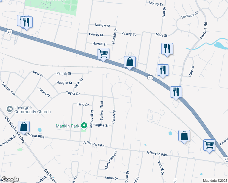 map of restaurants, bars, coffee shops, grocery stores, and more near 184 Center Street in La Vergne