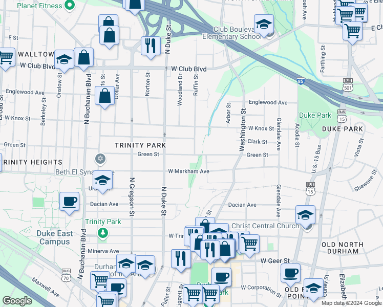 map of restaurants, bars, coffee shops, grocery stores, and more near 804 Green Street in Durham