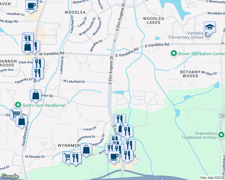 map of restaurants, bars, coffee shops, grocery stores, and more near 3605 South Elm-Eugene Street in Greensboro