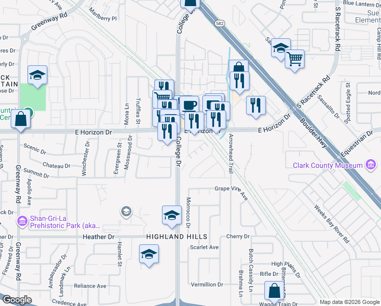 map of restaurants, bars, coffee shops, grocery stores, and more near 718 Breezy Ridge Drive in Henderson
