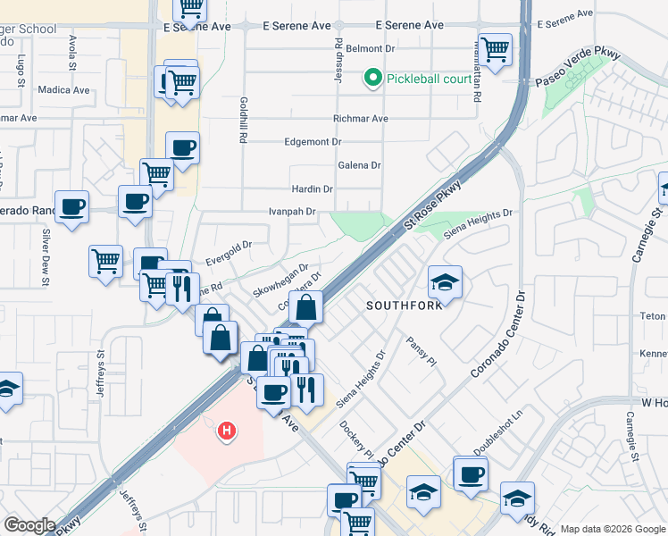 map of restaurants, bars, coffee shops, grocery stores, and more near 2857 Cordillera Drive in Henderson