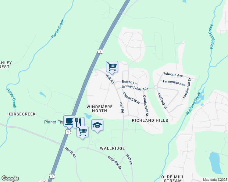 map of restaurants, bars, coffee shops, grocery stores, and more near 1024 Windemere Lane in Wake Forest
