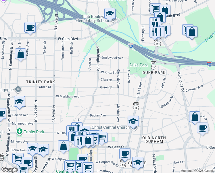 map of restaurants, bars, coffee shops, grocery stores, and more near 310 West Markham Avenue in Durham