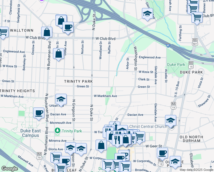 map of restaurants, bars, coffee shops, grocery stores, and more near 800 West Markham Avenue in Durham