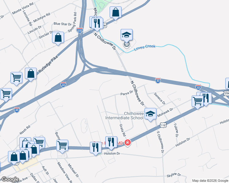 map of restaurants, bars, coffee shops, grocery stores, and more near 320 Grata Road in Knoxville