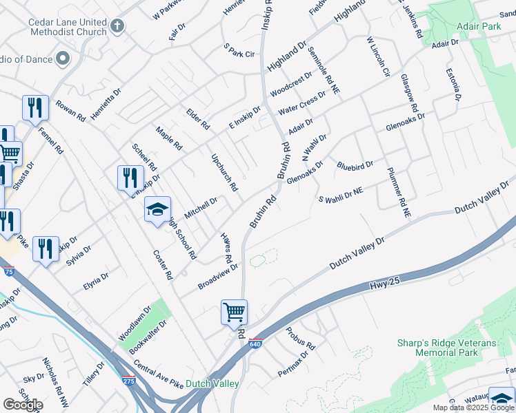 map of restaurants, bars, coffee shops, grocery stores, and more near 4321 Bruhin Road in Knoxville