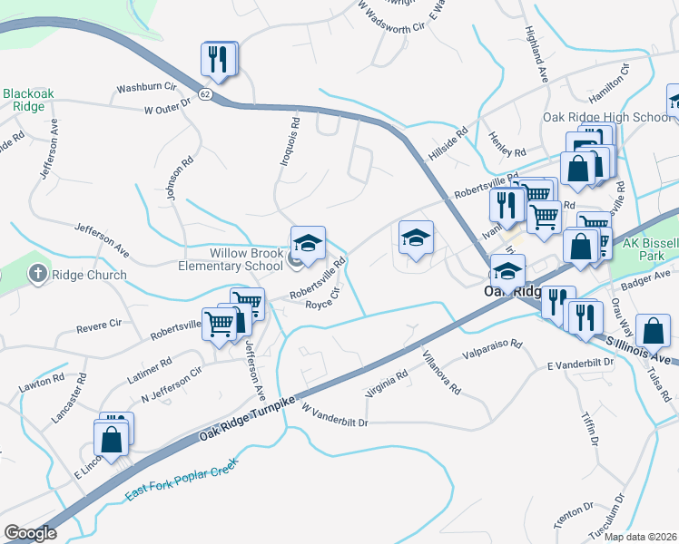 map of restaurants, bars, coffee shops, grocery stores, and more near 151 Royce Circle in Oak Ridge