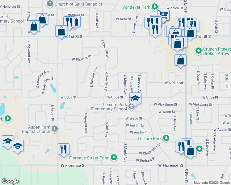 map of restaurants, bars, coffee shops, grocery stores, and more near 1205 West Utica Street in Broken Arrow