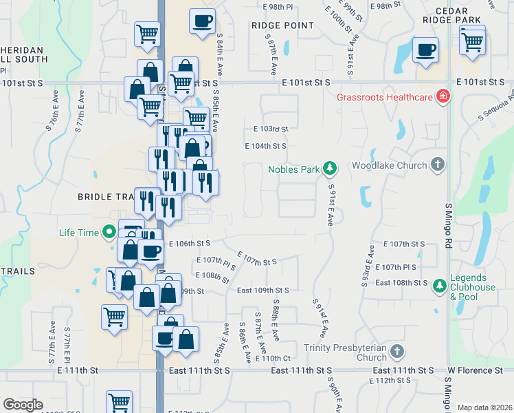 map of restaurants, bars, coffee shops, grocery stores, and more near 8697 East 105th Court South in Tulsa