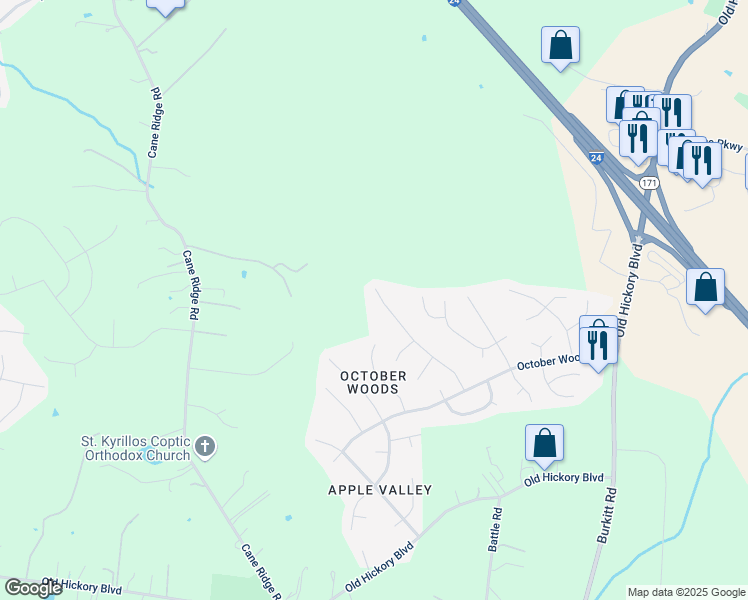 map of restaurants, bars, coffee shops, grocery stores, and more near 5283 Catspaw Drive in Nashville