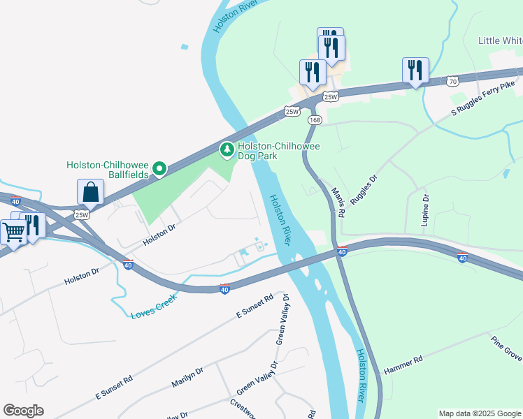 map of restaurants, bars, coffee shops, grocery stores, and more near 300 George Bounds Road in Knoxville