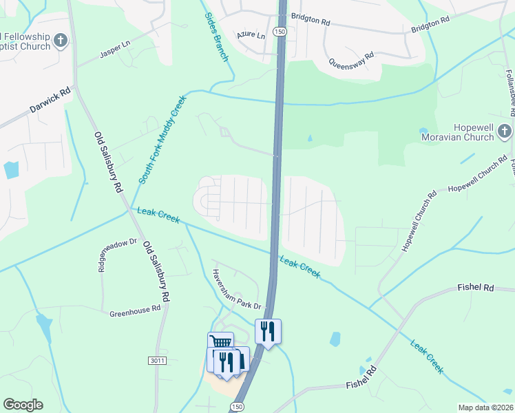 map of restaurants, bars, coffee shops, grocery stores, and more near 4006 Parkside Meadow Court Southwest in Winston-Salem