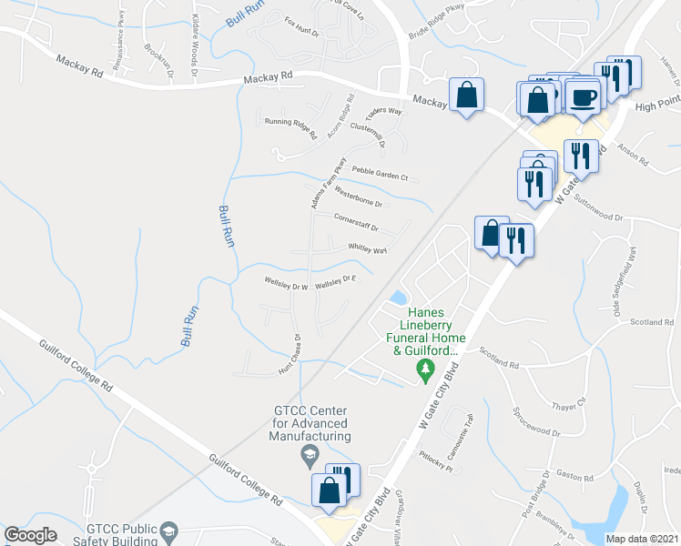 map of restaurants, bars, coffee shops, grocery stores, and more near 5512 Wellsley Drive East in Greensboro