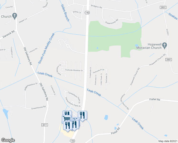map of restaurants, bars, coffee shops, grocery stores, and more near 3988 Creekside Court in Winston-Salem